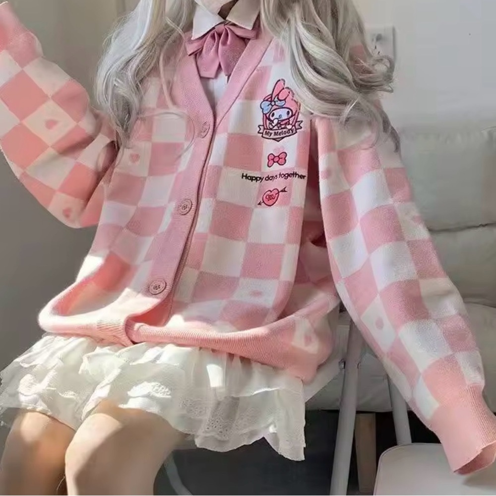 Charming Pink Checkered Cardigan with Graphic